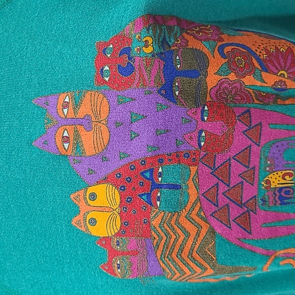 Vintage Laurel Burch I LOVE CATS! Sweatshirt teal green large hanes - Picture 4 of 16